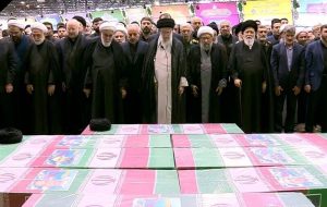 Ayatollah Khamenei leads funeral prayer for late President, FM